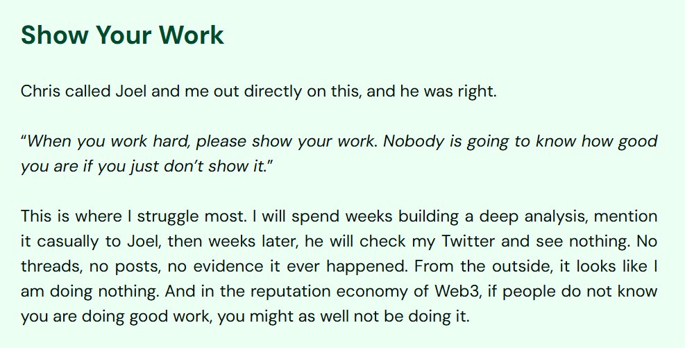 After spending nights and weekends building insightful dashboards on <a href="/Dune/">Dune | We Are Hiring!</a>, consider investing the extra 30 minutes to Show Your Work!

key takeaway from my weekend read on this article by <a href="/_W3GM/">Web3 Growth Marketing</a>.
blocksandgrowth.com/p/how-to-actua…

<a href="/joel_obafemi/">Joel Obafemi</a> <a href="/0xOptimusPrime/">Optimus Prime</a> calling you out again 😄
