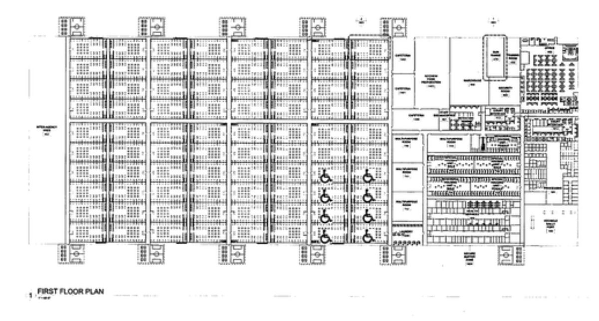 ZoydintheVoid's tweet photo. The diagram of the conversion of a warehouse into an ICE-mega prison holding 10,000 detainees, which stuffs 100 people into a room, resembles the diagram of a slave ship... https://t.co/2qjwvBWSUR