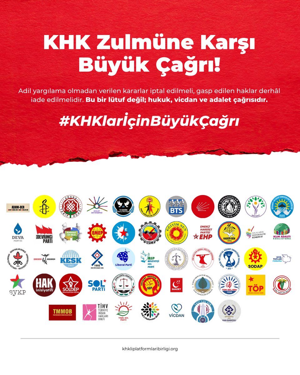 12 sendika, 17 parti ve 22 insan hakları ve hukuk örgütü ile sivil toplum kuruluşunun 67 Genel Başkan ve sözcülerinden #KHKlarİçinBüyükÇağrı geldi.

Her birine yürekten teşekkürlerimizi sunuyoruz🌱🙏
<a href="/KHKTVYeni/">KHK TV</a> den izlemek için link:
youtu.be/5L3wb7UVuMc?si…