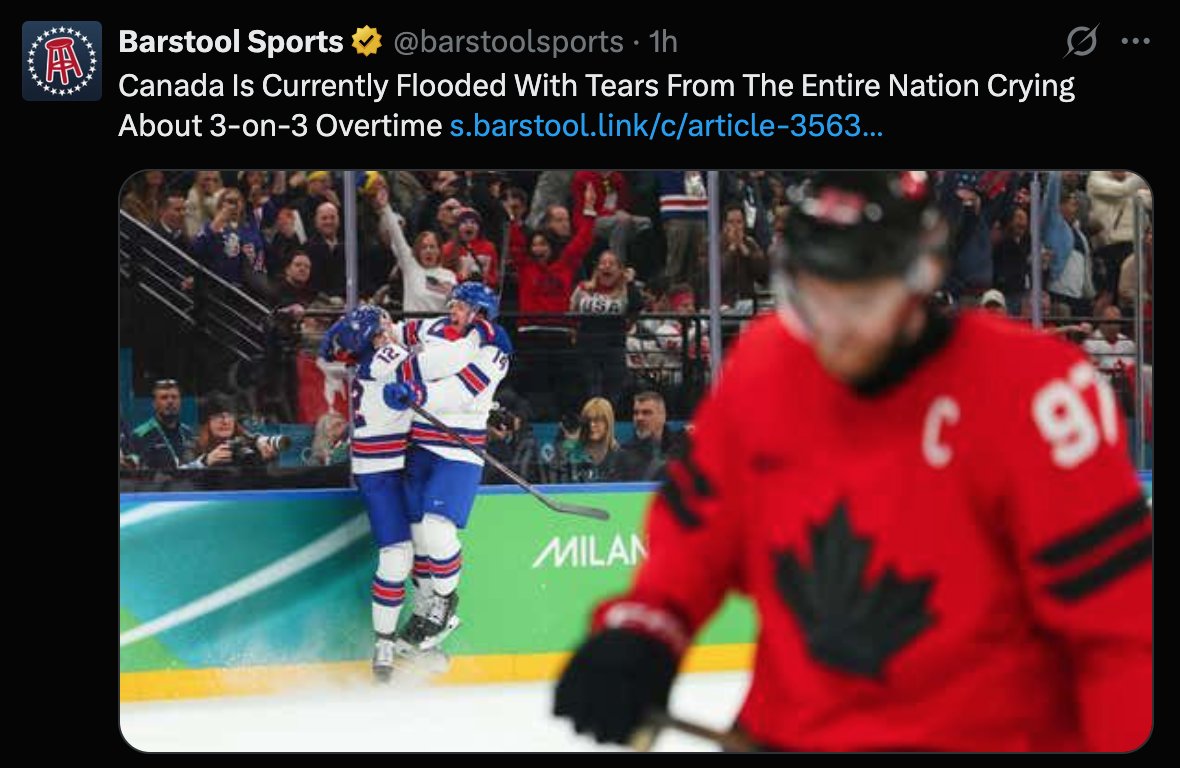 LOL. 

News to us. We're used to winning, appreciated the game - instant classic - and congratulated the US Team on their Gold. 

I mean, <a href="/barstoolsports/">Barstool Sports</a> is a Trump/MAGA proxy who hates Canada, because their pedophile President tells them to, but none of them are smart enough to