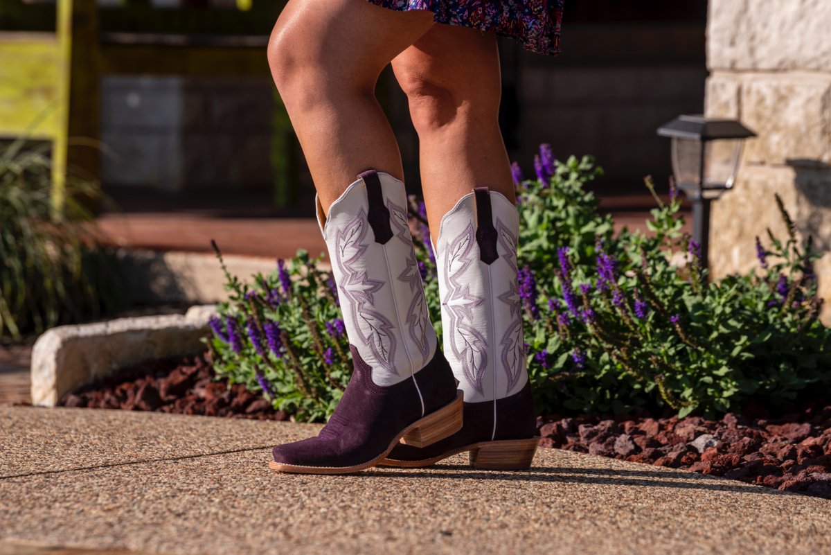 Built to last. Styled to go anywhere.💜🤠 | Rough Out Plum Embroidered Narrow Square Toe Cowgoy Boots in White by <a href="/rwatsonboots/">Randy Watson</a>