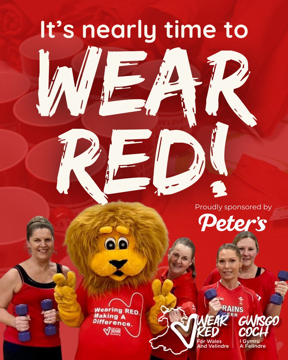 Velindre's tweet photo. Wear Red is happening on Friday!

We can't wait to turn Wales red with your help on the 27th February❤️

Let's all come together and support cancer patients and services in Wales.
Wear Red, donate £1, this Friday! Sponsored by @officialpeters

#WearRed #GwisgoCoch https://t.co/y61zLNVw6w