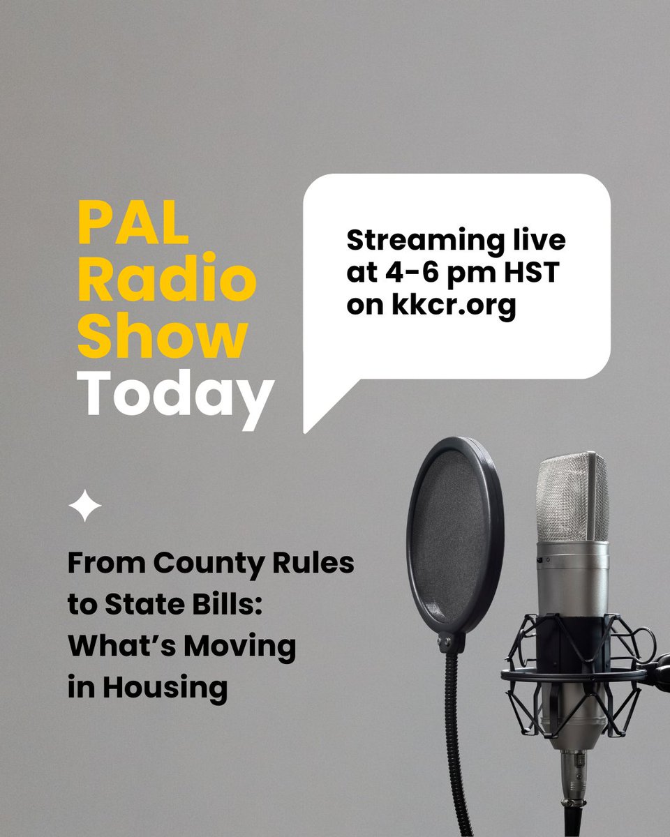 LIVE TODAY
PAL Radio Show "From County Rules to State Bills: What’s Moving in Housing" on KKCR or stream on HoikeTV YouTube.

A conversation on state and county housing legislation and how it could impact families on Kauaʻi.

📞 Call in: (808) 826-7771
📆 Every 4th Monday, 4–6 PM