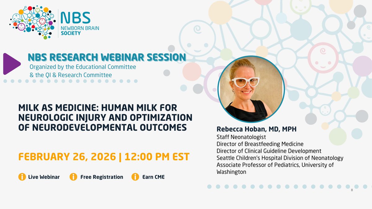 NewbornBrains's tweet photo. Join us for this week's Research Webinar session with guest speaker, Rebecca Hoban, on Thursday (2/26) at 12pm EST: "Milk as Medicine: Human Milk for Neurologic Injury and Optimization of Neurodevelopmental Outcomes"

Registration is FREE, but please RSVP below to confirm your attendance and receive the link to attend: https://t.co/2UDRCuwAB1