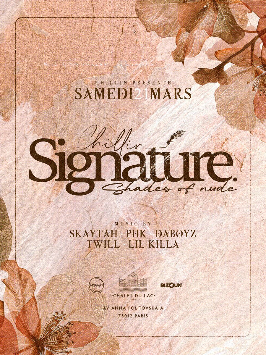 C’est le rendez-vous à ne pas manquer en mars, 
SIGNATURE — Shades of Nude 🤎

Même codes
Même élégance
L’énergie de la basse qui prend le contrôle

Chillin te prépare plein de surprises lors de cette soirée ✨

📅 Rendez-vous le 21.03
📍Chalet du Lac
🎟️ my.bizouk.com/chillin-signat…
