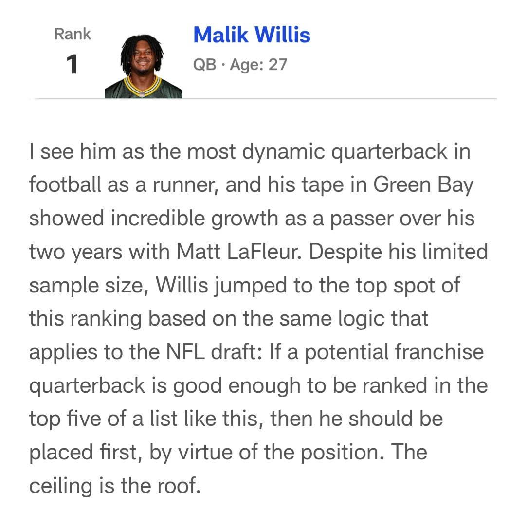 theGLgrind's tweet photo. The NFL has released their list of the 101 top free agents. The number one player listed is Malik Willis.

2. George Pickens
3. Jaelan Phillips
4. Tyler Linderbaum 
5. Alec Pierce

Is the hype for Willis justified? It'll be tough for a coaching staff to bring him in and pin him as their guy.