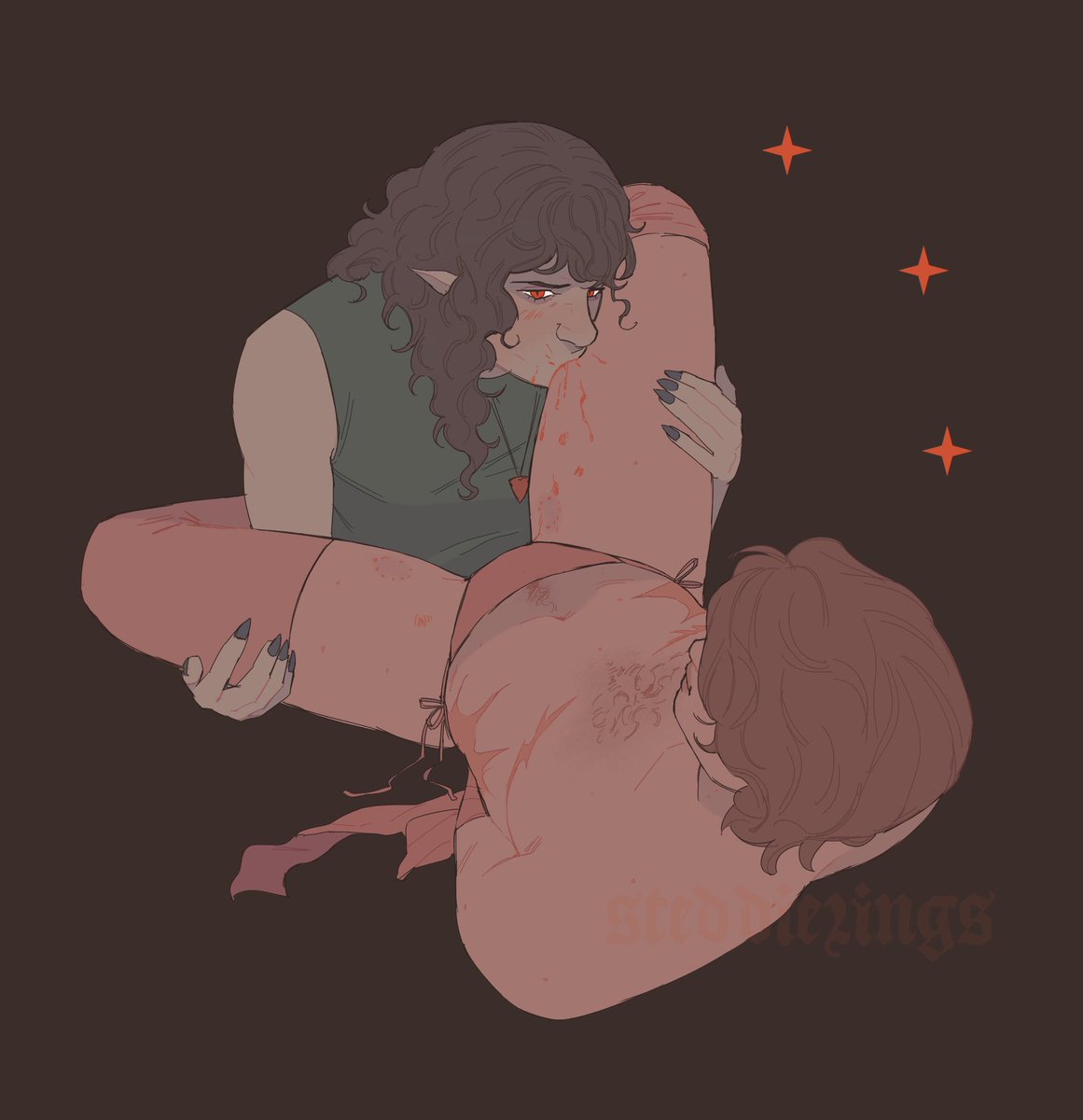 steddielings's tweet photo. lovely lovely @ghostengarden &amp; i exchanged lineart for each other to color!!! ✨ i havent colored someone elses lines in so long, it was so fun 🙂‍↕️🙂‍↕️ hes hungry!!! https://t.co/7tOBloU7Je