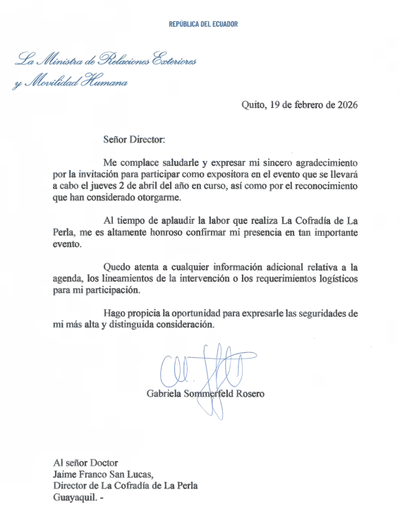 Con humildad y orgullo agradecemos la comunicacion de la Dra Gabriela Sommerfeld <a href="/gabisommerfeld/">Gabriela Sommerfeld</a> confirmando su asistencia a nuestro evento de Abril 2 2026 en el Hotel Hilton Colon de Guayaquil <a href="/HiltonColon_gye/">Hilton Colón Guayaquil</a> 

Atentemente
La Cofradia de la Perla
lacofradiadelaperla.com