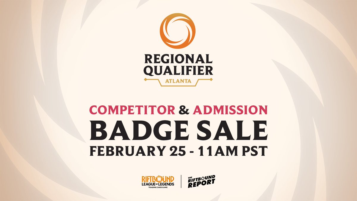 🎟 Riftbound Atlanta Regional Qualifier Badges 🎟

The Competitor &amp; Admission Badges will go live on Wednesday at 11 am PST!

Competitor:
Premium - $500
Standard - $100

Admission:
Premium - $500
Standard - $25

Purchase Link: TBC

Badge Info: uvsgames.com/lille-atlanta-…

#RQAtlanta