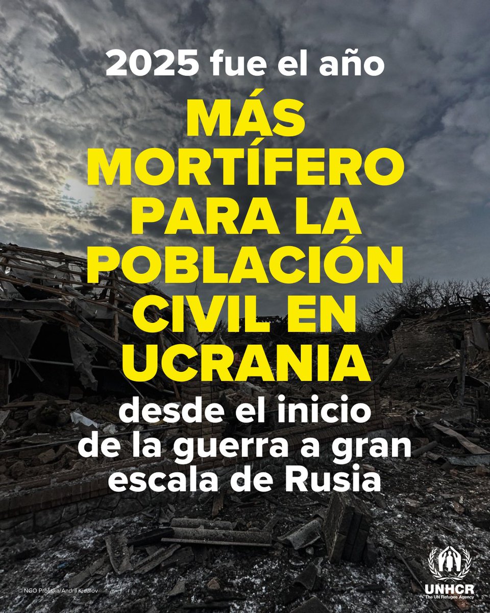 ONU_es's tweet photo. 2025 fue el año más mortífero para la población civil en Ucrania desde que comenzó la guerra.

Muchas vidas han cambiado para siempre.

Millones de personas han sido desplazadas, hogares destruidos e infraestructuras críticas dañadas.

El pueblo de Ucrania necesita paz. https://t.co/oOIj8hXX68