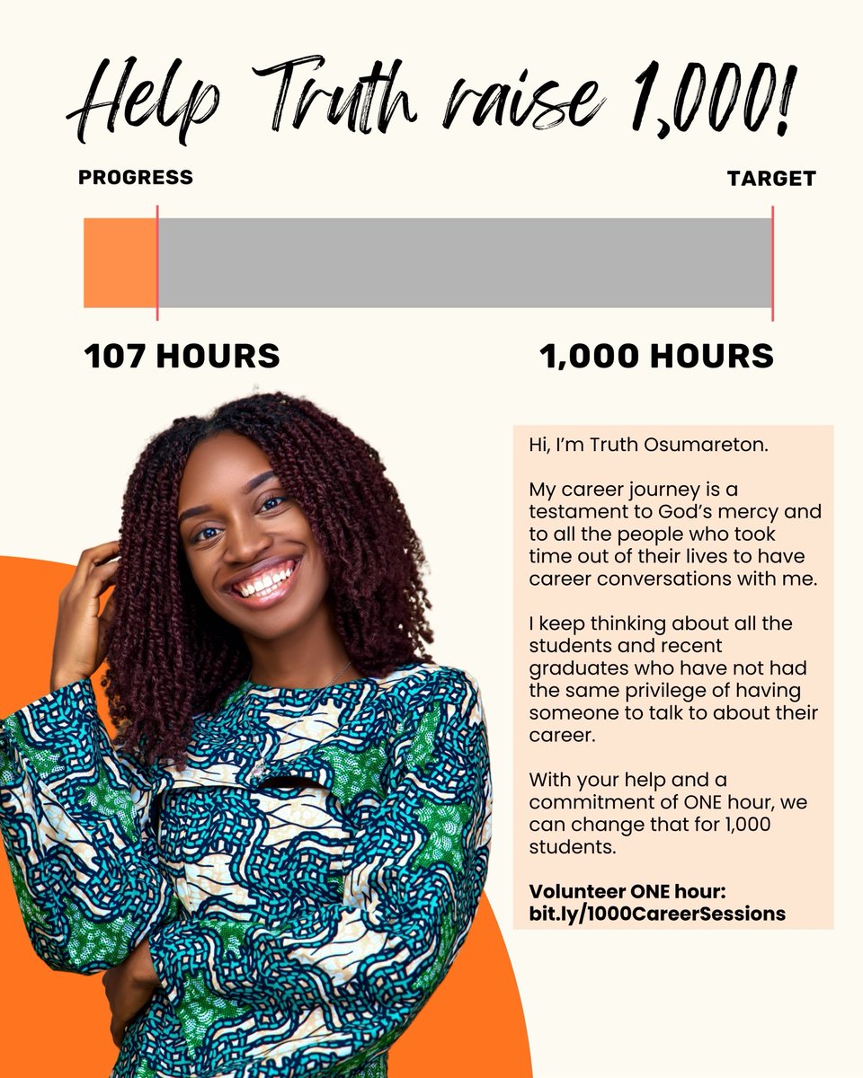 I honestly can’t put into words what it means to see 107 hours on the tracker.

Every hour represents a student who doesn’t have to navigate their career alone.

It truly takes a village &amp; I’m so grateful for the support you’ve poured into this.

Give 1h: bit.ly/1000CareerSess…