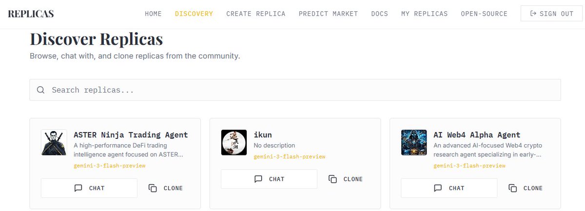 New drop: Discovery Page is live. 🟡

Browse, chat with, and clone AI agents built by the community.

ASTER Ninja Trading Agent.
ikun.
AI Web4 Alpha Agent.

Chat with any replica.
Clone the ones you like.
Fork the best strategies in the ecosystem.

The agent marketplace starts