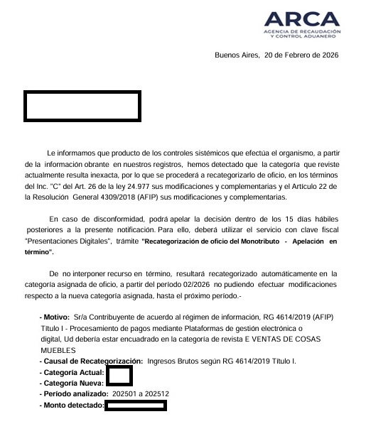 🚨 ATENCIÓN MONOTRIBUTO🚨

🛑Si sos monotributista terminala con juntar la guita del regalo de la tia en tu mercado pago porque se te viene recategorización de oficio por el movimiento.
✅ Cómo era eso de inocentes hasta que???

<a href="/BlogDelContador/">BDC - Blog del Contador</a> <a href="/alerosenfeld/">Alejandro Rosenfeld</a> <a href="/Contadoresenred/">Contadores en Red</a>
