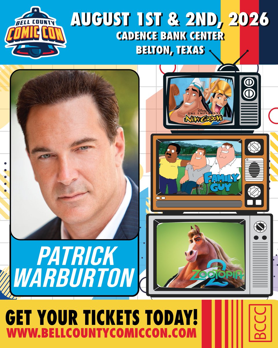 BellComicCon's tweet photo. PATRICK WARBURTON (ACTOR/VOICE ACTOR)
Family Guy, Emperor's New Groove, Zootopia 2, Men in Black II, etc.

Purchase Your Tickets Here:
https://t.co/vcydWir0N6

BCCC 2026 is bringing you one of the Most Legendary Voices in Pop Culture!  

https://t.co/LiaLCXNRyB https://t.co/yw0G2sg2Z9