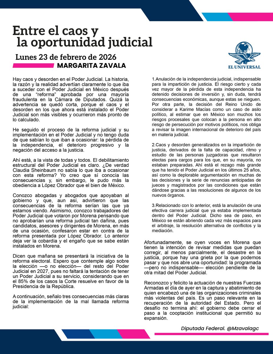 He seguido el proceso de la reforma judicial y su implementación en el Poder Judicial y no tengo duda de que sabían lo que iban a ocasionar: la pérdida de la independencia, el deterioro progresivo y la negación del acceso a la justicia.

Les comparto mi artículo de esta semana