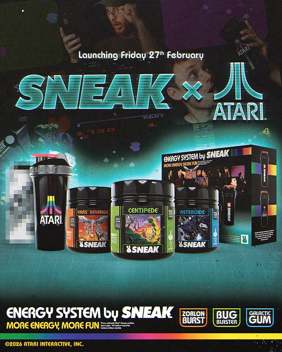 SNEAK x <a href="/atari/">Atari</a> has entered the game: three classic titles reimagined as new SNEAK flavours, with collectible merch that seriously dials up the nostalgia. 

Bring the SNEAK ENERGY SYSTEM home and celebrate the iconic 2600 Video Computer System… from the pioneers of play.