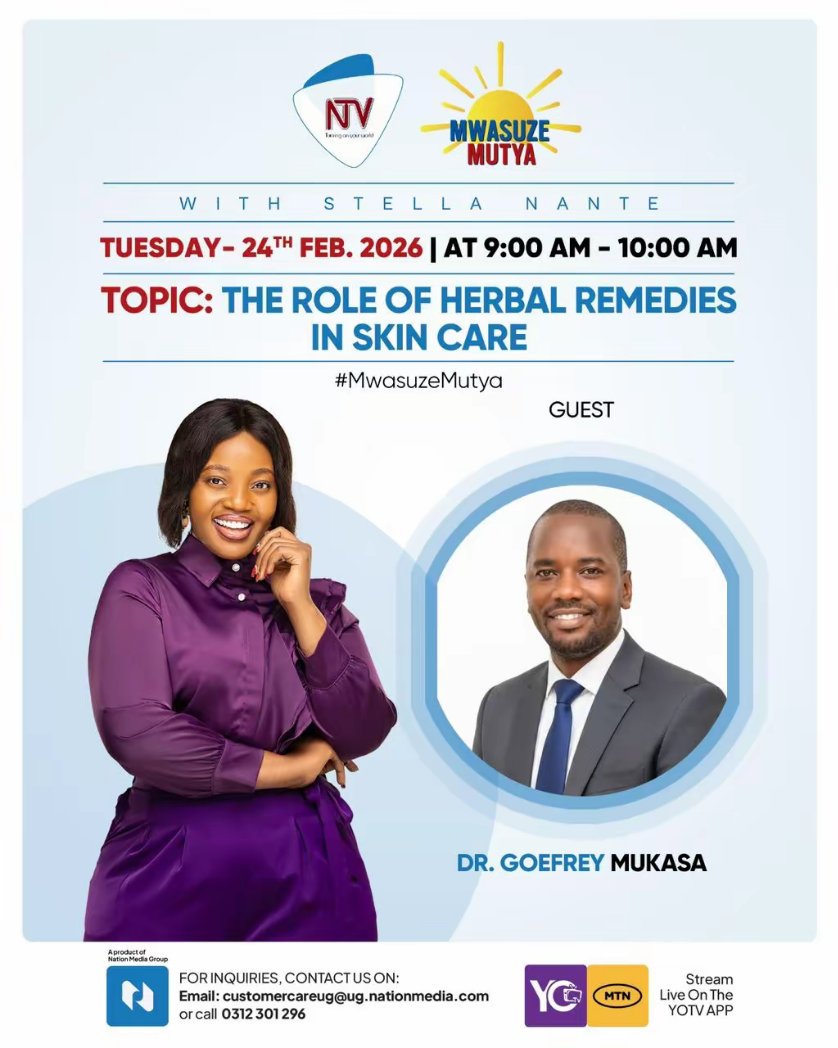 DrNsaale's tweet photo. 📅 Save the Date: Tuesday Feb 24th, 9 AM
📺 Tune in: Mwasuze Mutya (NTV/Spark TV)
🎤 Guest: Dr. Geofrey Mukasa Nsaale
Topic: The Role of Herbal Medicine in Skin Care. Discover how herbal medicine can change your life for the better. See you there! 🌿💪
#MwasuzeMutya #HerbalMedicine #Skincare #NTVUganda #SparkTV