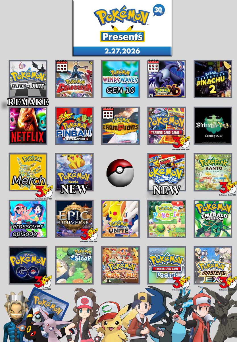 Pokemon day predictions let get that anniversary  hype:
Calendar = Release date
30th icon = anniversary content
New = new entry