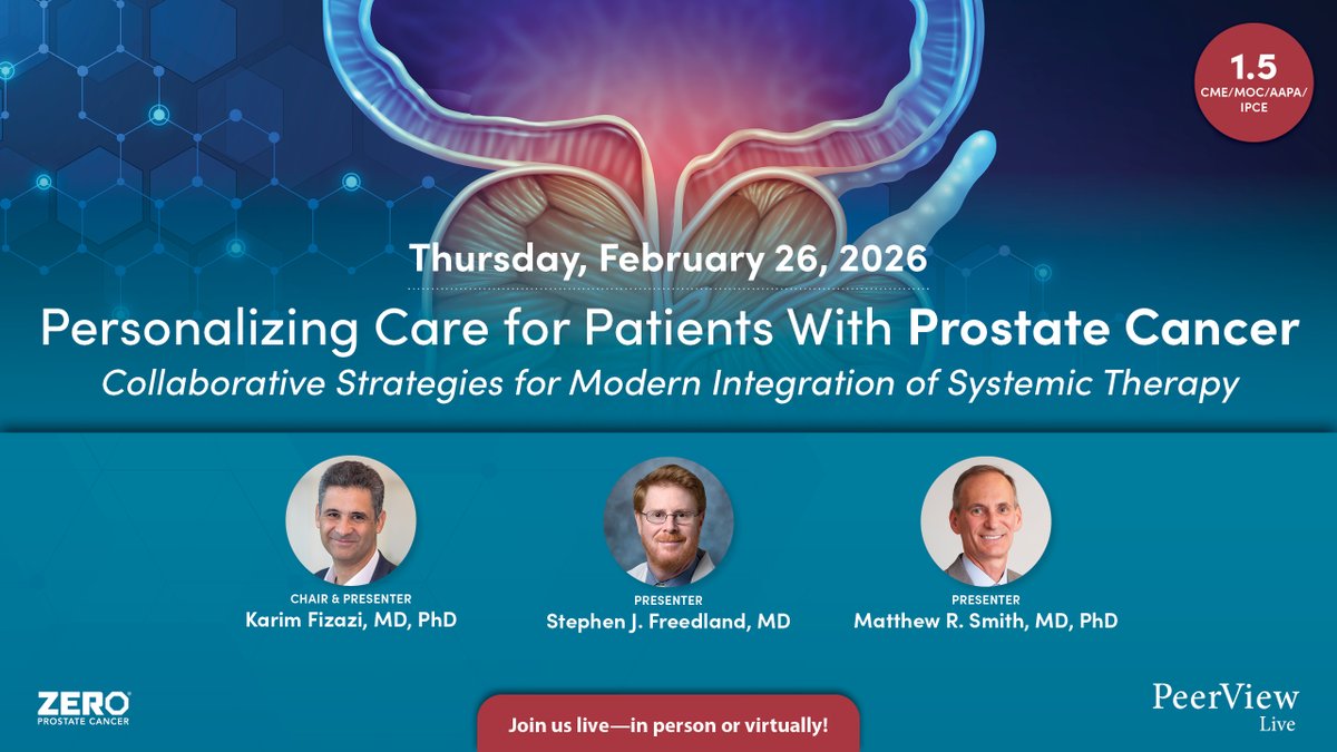 SpeakJen's tweet photo. 🎯Better data. Better decisions. Better outcomes.

Join @PeerView + @ZEROCancer at #GU26 for a case-based discussion on personalizing #prostatecancer care from early to advanced disease.

💬 Drs. Fizazi | @SFreedlandMD | Smith
🗓️ 2/26 | 6:45 PM PST
👉 https://t.co/poZCkFCe6x https://t.co/R6s6H2jJko