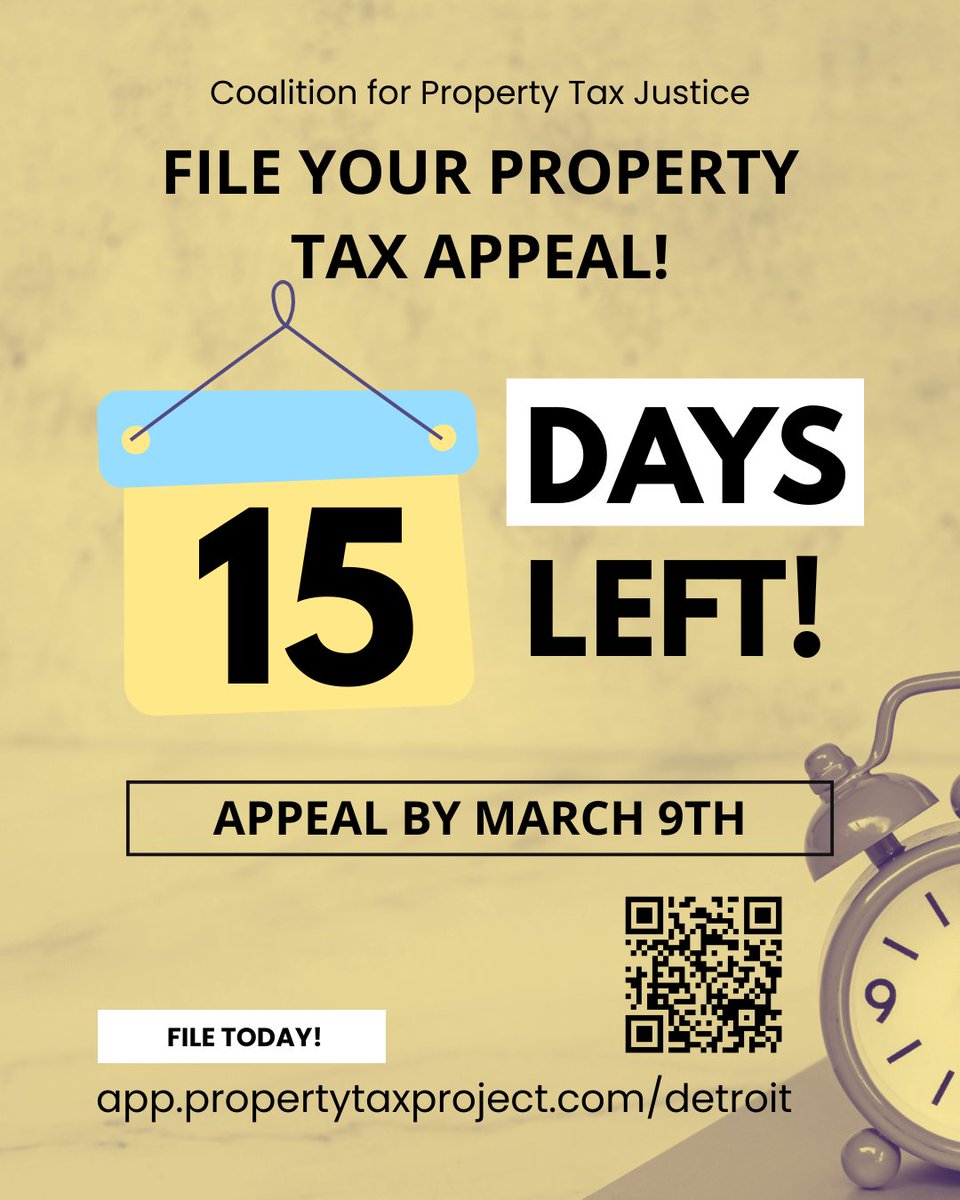 ⏰ Time is running out, Detroit homeowners!

You have 15 days left to file your property tax appeal — and you could be paying more than you legally owe.

If your home is overassessed, you have the right to fight back. Coalition for Property Tax Justice’s FREE online appeal tool