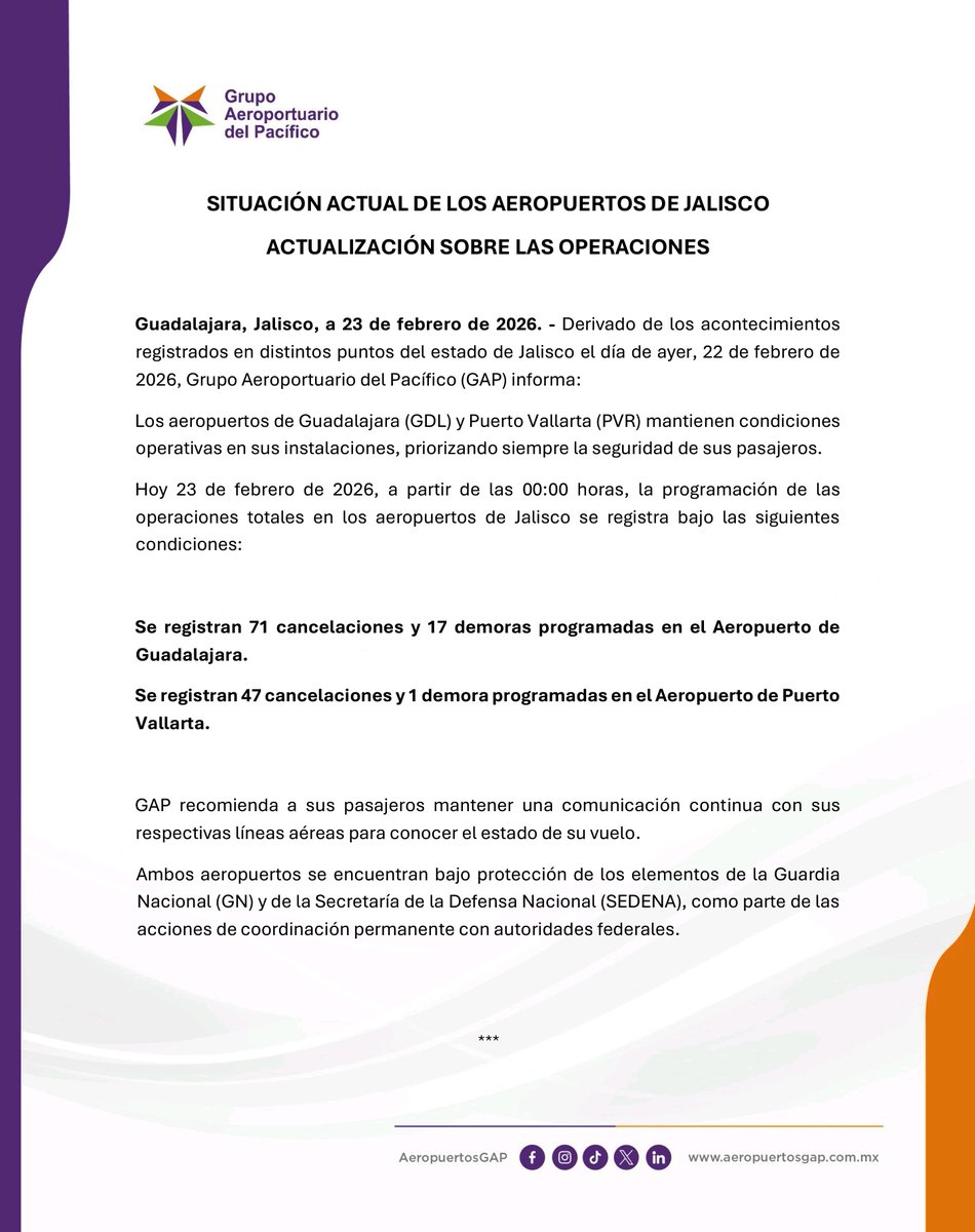 El <a href="/aeropuertosGAP/">Grupo Aeroportuario del Pacífico</a> emite actualización sobre los aeropuertos de Guadalajara y Puerto Vallarta 👇
#RadioramadeOccidente