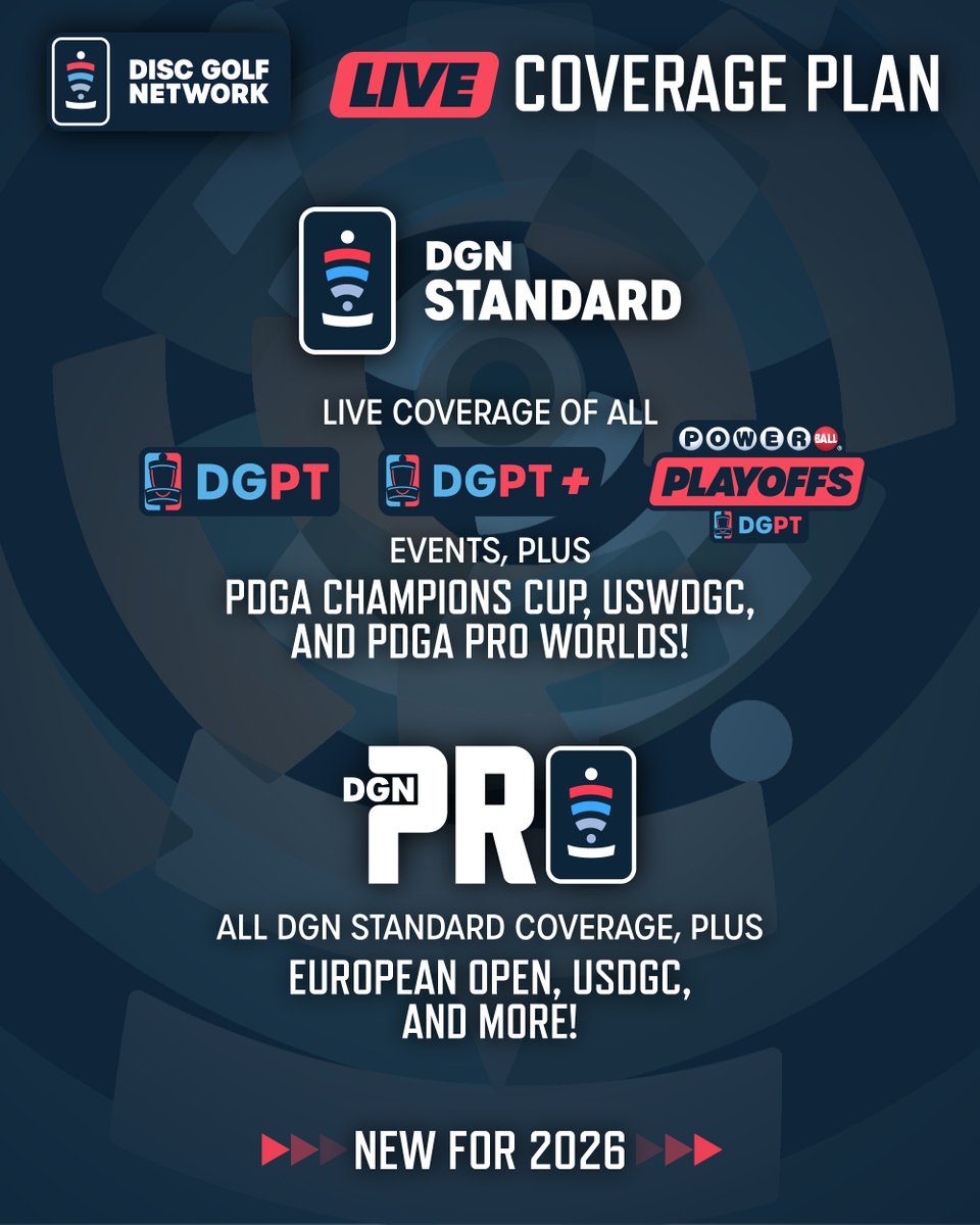 DiscGolfProTour's tweet photo. Disc golf is BACK!!! Here is the 2026 live coverage plan for Disc Golf Network 🥏

You can find more info here:
https://t.co/v2c1QsfrFw https://t.co/1sQVVGuc7d
