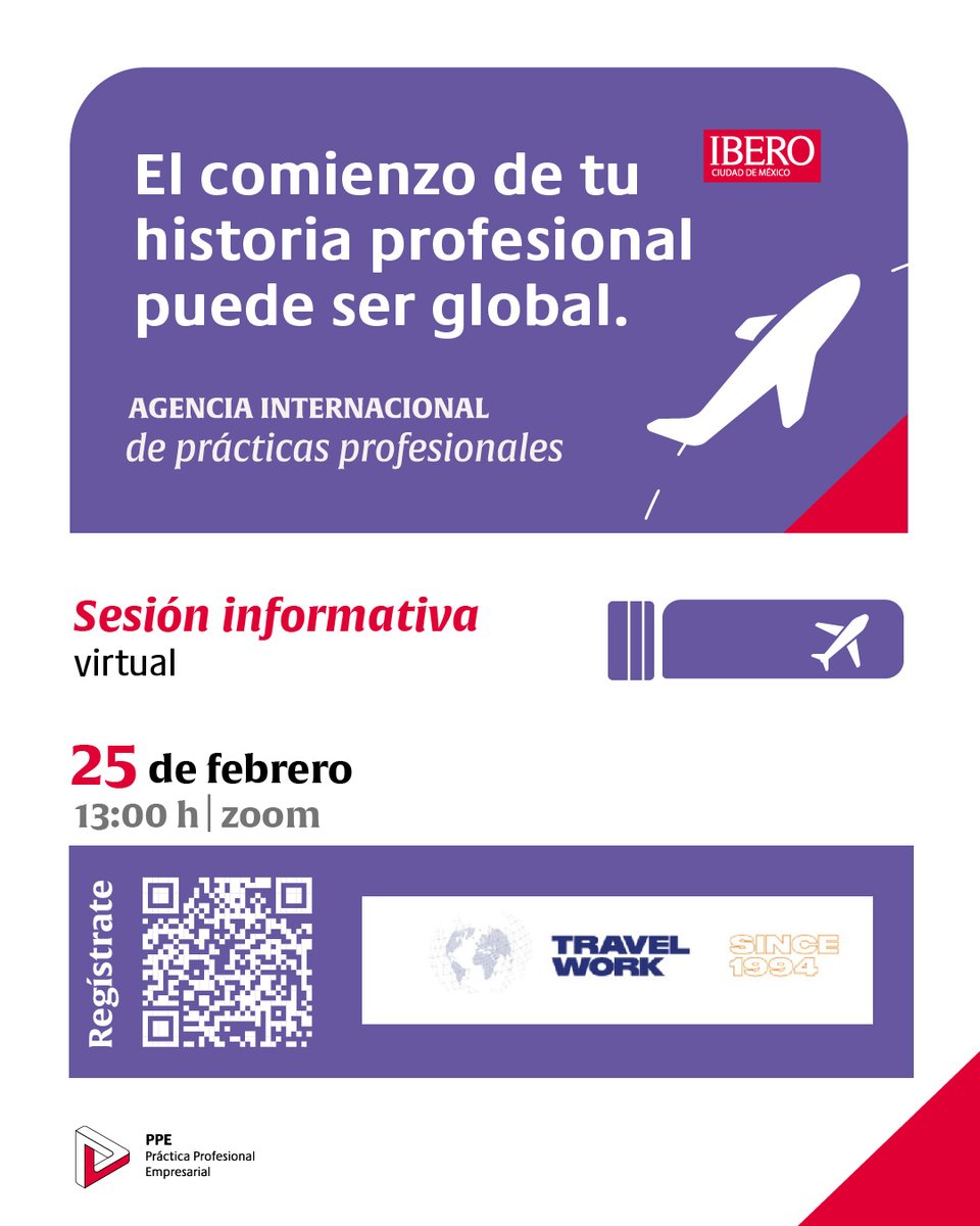 ✈️ El comienzo de tu historia profesional puede ser global.
Participa en la sesión virtual de Travel Work y conoce oportunidades para desarrollar tu carrera .

📅 25 de febrero | ⏰ 13:00 h | 💻 Zoom
🔗 Regístrate aquí: ow.ly/MANt50Y6w2V