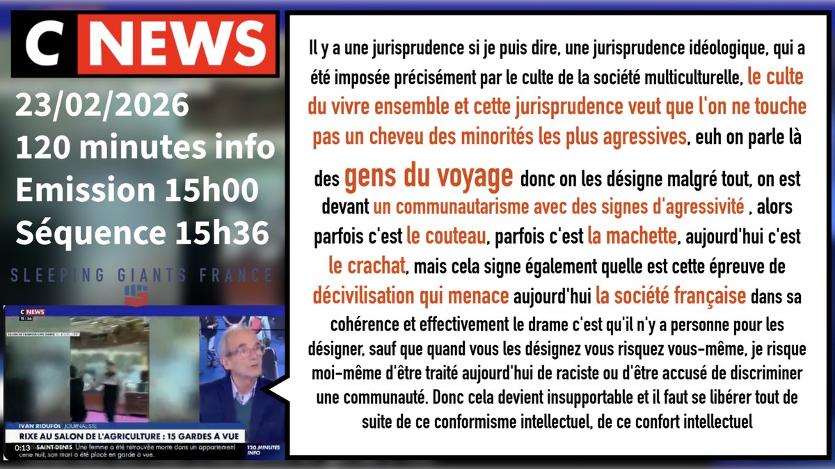 ◼️ Saisine  #Arcom pour #CNews
infos dans l'image

Antitsiganisme : les gens du voyage dans leur ensemble sont désignés comme une des "minorité les plus agressives", dont les actions violentes (couteaux, machettes) seraient prétendument protégées.
Aucune contradiction en plateau