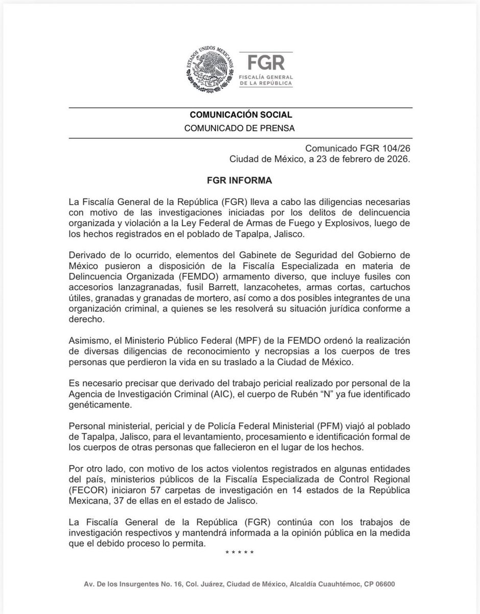 La <a href="/FGRMexico/">FGR México</a> confirma genéticamente la identidad de El Mencho, luego de las diligencias forenses practicadas al cuerpo del líder del CJNG.