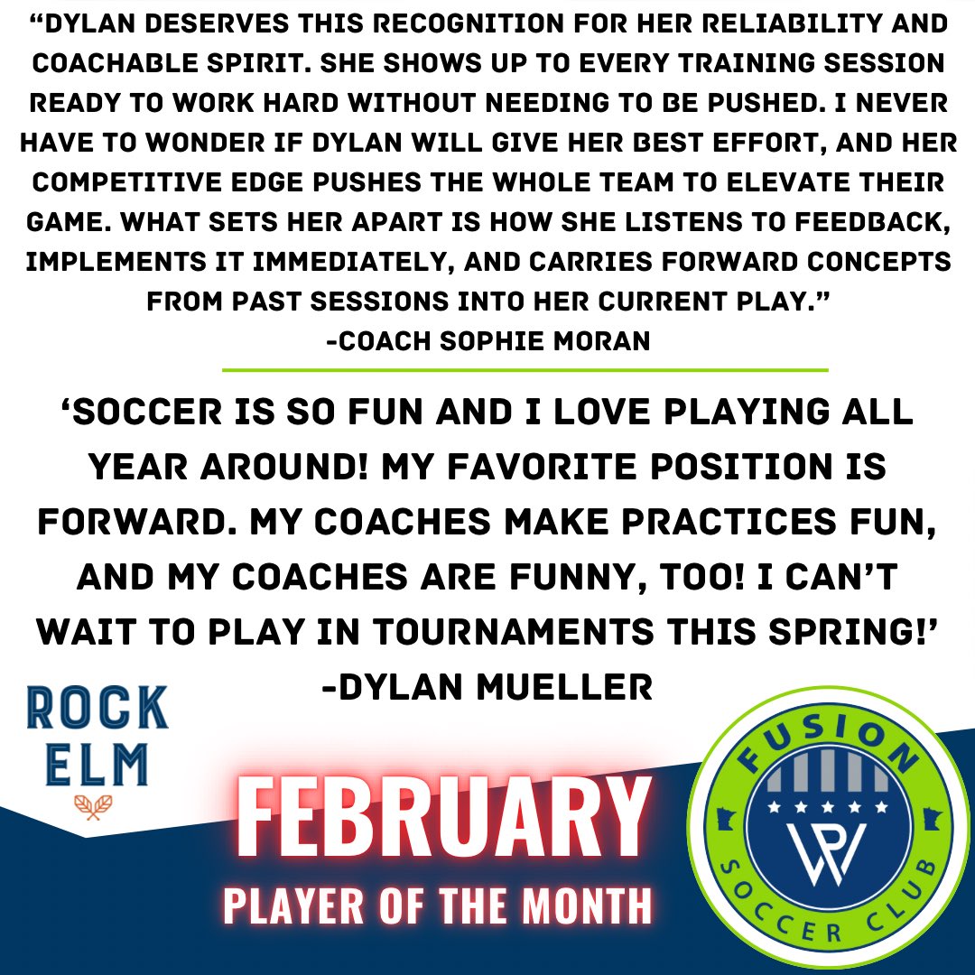 fusionsoccermn's tweet photo. Big congratulations to Dylan Mueller, our February Girls U9–10 Fusion SC Rock Elm Player of the Month! ⚽👏

Your hard work, dedication, and coachability truly set you apart—keep it up, Dylan! 💙

Thank you to @rockelmtavern for their continued monthly support of our players! https://t.co/VlrhiU1EWd