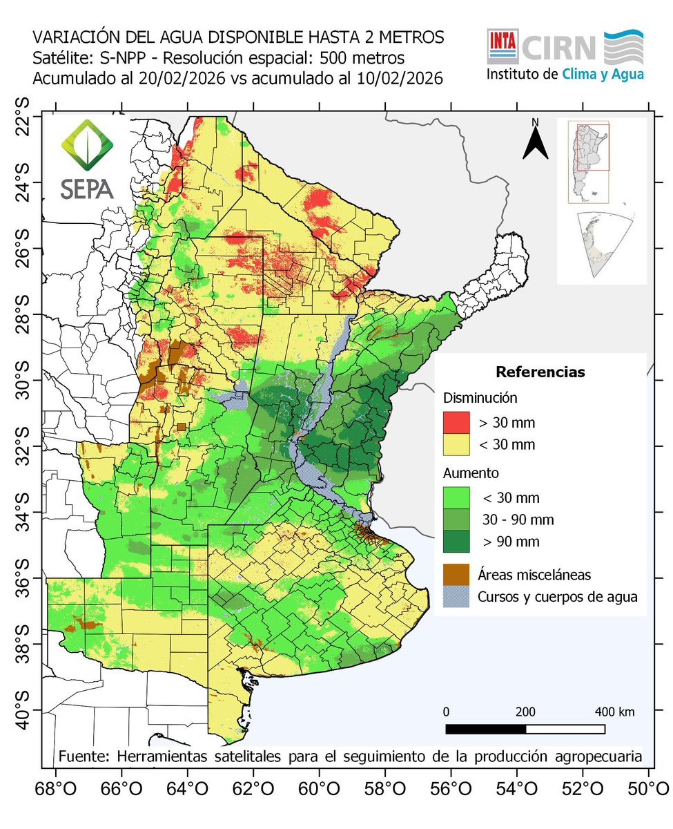 JorgeLMercau's tweet image. #SEPA 11-20 feb
 #Recarga franja central (&amp;gt;90mm Litoral) y sur Transpira el Norte💪

#Confort: Mejoró💪
Pero MAL en parte Dep. Salado y P. interior (sin #NapaCerca)

al 21feb
#Agua2m % y mm estaría BAJA en GRAN área, y ya moderada en Chaqueña, entrando a etapas críticas🧐 
🤞🌧️🌧️