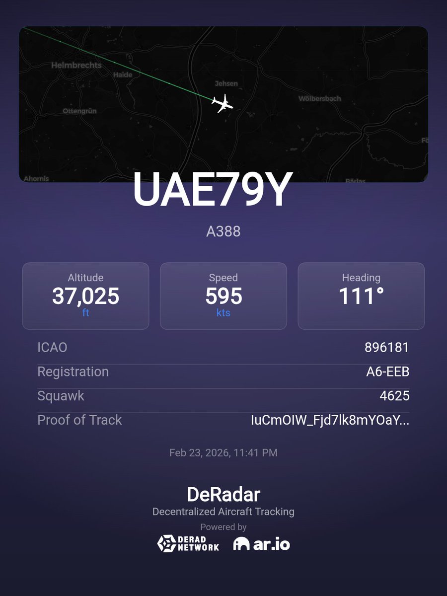 ✈️ UAE79Y  
Aircraft: A388
Altitude: 37,025 ft (FL370)
Speed: 595 kts
Heading: 111°

Tracked via DeRadar - Decentralized Aircraft Tracking
Powered by Derad Network, AR.IO &amp; Arweave