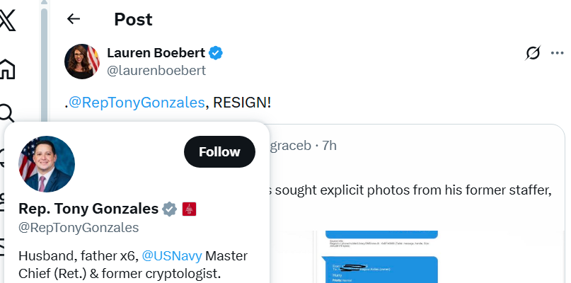 Rep. Lauren Boebert R-CO is calling for Rep. Tony Gonzales R-TX to resign, after the release of text messages which indicate the Texas Congressman pressed a staffer to send him explicit photos of herself.