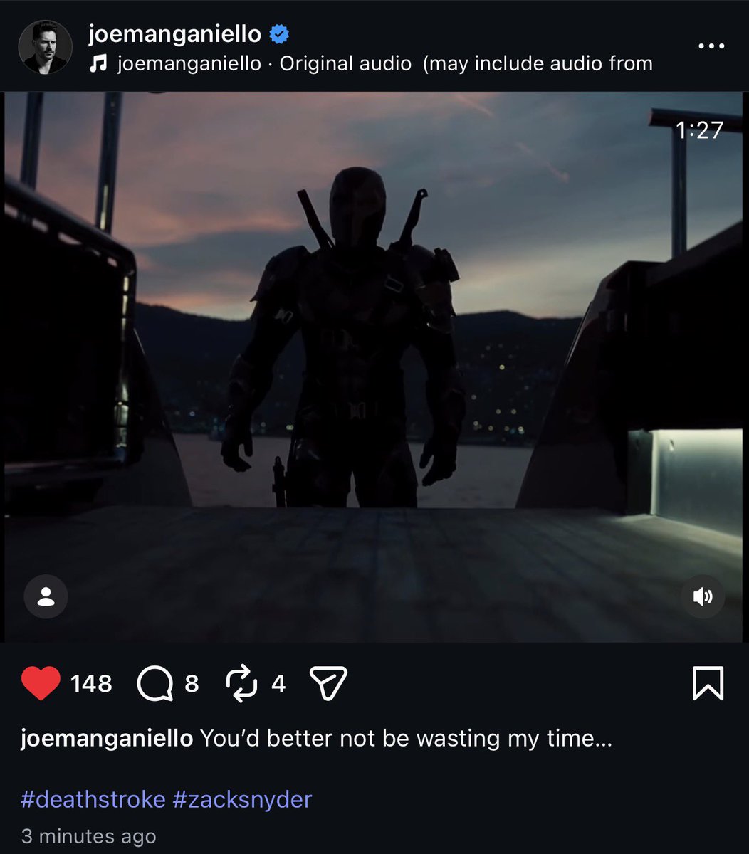 BatfleckMovie's tweet photo. JOE MANGANIELLO (Deathstroke) just posted the end credits scene from Zack Snyders Justice League which leads into Ben Afflecks Batman film on his Instagram!!!!!!! 

“You better not be wasting my time” ⚔️🦇
#MakeTheBatfleckMovie https://t.co/O8NphNwEqU