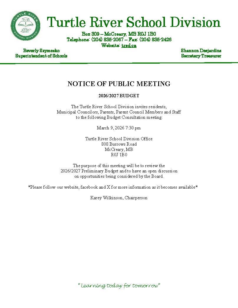 TurtleRiverSD's tweet photo. Everyone is welcome to join us on March 9 to hear about our proposed 2026/2027 school budget.

We look forward to sharing the details and answering any questions. https://t.co/xFKv4XPrcP