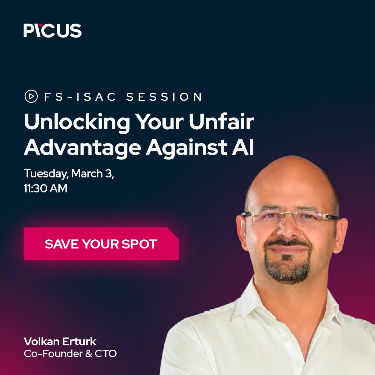 PicusSecurity's tweet photo. AI adversaries move at machine speed, but your defense doesn't have to lag behind. Join @volkanerturk at #FSISAC to learn how to gain an "Unfair Advantage" against autonomous threats by starting the race earlier. 

Don't just defend—evolve your security posture. Get the details here: https://t.co/uM4Sv2YScL