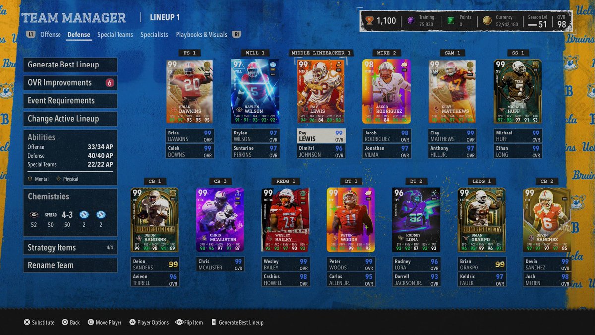 Landry2cuhz's tweet photo. The best team in cut 100 mill coins team

52/50 Georgia  TT
50/50 4-3 TT 
50/50 spread TT
TE,, SAM, LE ,will ,cb qb for oline , and Wr Blue Chip Boosts

Playbooks: Offense-ND 
 Defense-Miami Ohio 
Strat Cards: catch king  (Epic), toro toro  (rare ), Kansas , chime plus 3 awr https://t.co/nS5Idrqgib