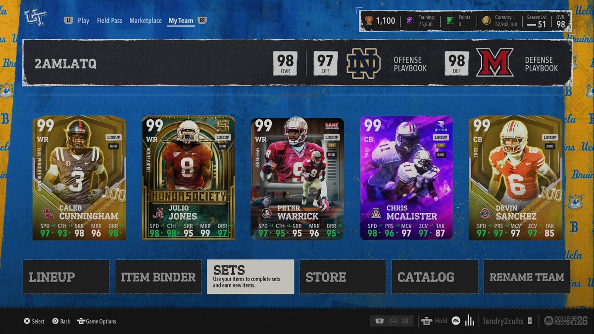 Landry2cuhz's tweet photo. The best team in cut 100 mill coins team

52/50 Georgia  TT
50/50 4-3 TT 
50/50 spread TT
TE,, SAM, LE ,will ,cb qb for oline , and Wr Blue Chip Boosts

Playbooks: Offense-ND 
 Defense-Miami Ohio 
Strat Cards: catch king  (Epic), toro toro  (rare ), Kansas , chime plus 3 awr https://t.co/nS5Idrqgib