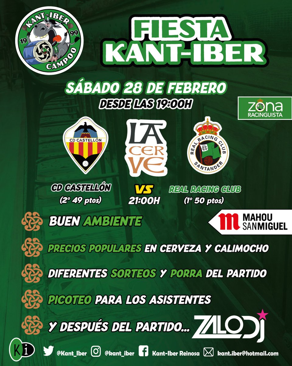 Este sábado jugamos un partidazo muy importante, y qué mejor manera de disfrutar de él que en La Cerve.

Tendremos fiesta de Kant-Iber con sorteos, picoteo y después del partido contaremos con ZaloDJ.

¡Te esperamos! 🟢 ⚪
