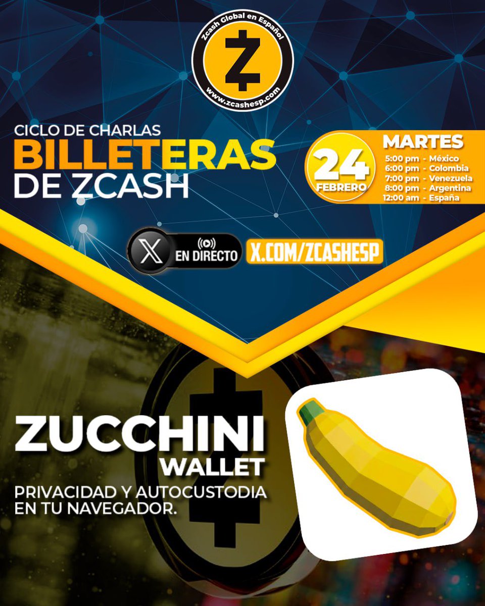 Mañana estaremos hablando en <a href="/zcashesp/">Zcash en Español 🛡️ᙇ</a> sobre <a href="/Zucchinifi/">Zucchini App</a> para Zcash.

¡No te pierdas este En directo!

Más información:
t.me/zcashesp/4982