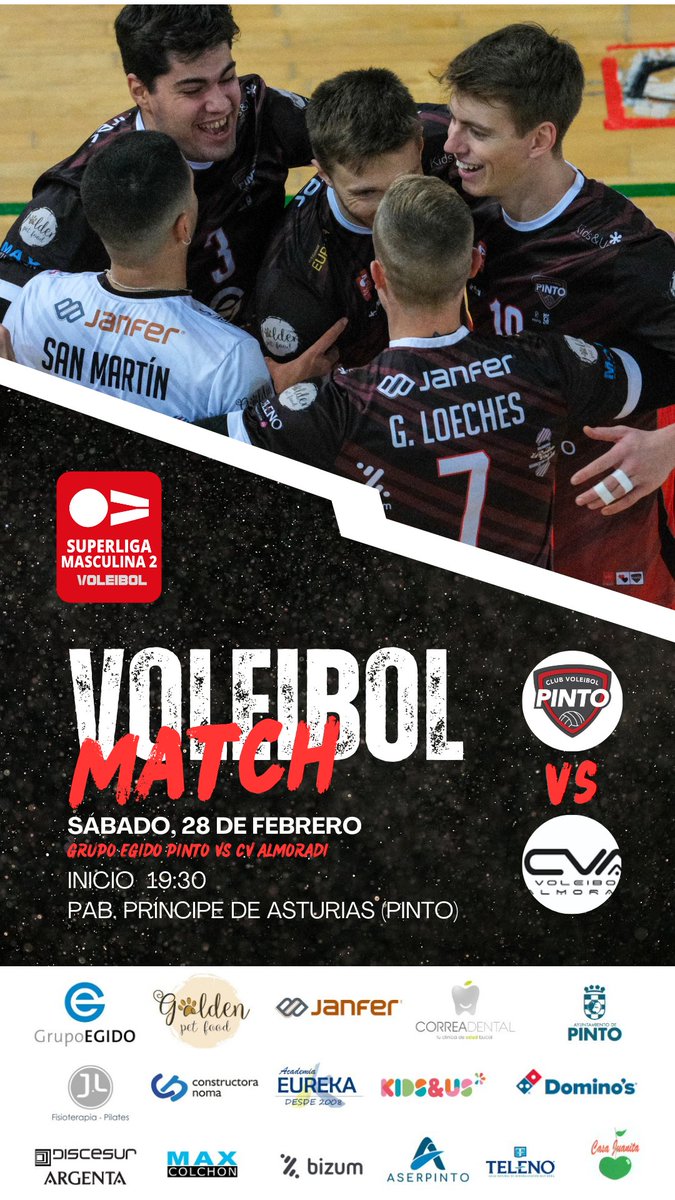 #Superliga2 Duelo en la cumbre... Primer y segundo clasificado se citan en el #Principes⚔️

🏐 <a href="/GrupoEgido/">Grupo Egido</a> Pinto VS <a href="/cvalmoradi/">Voleibol Almoradí</a>
📆 Sábado, 28 de febrero 
📍Pab. Príncipes Asturias 
⏰19:30
🎟️Entrada Gratuita

El #Principes empujará! 

<a href="/AytoPinto/">Ayuntamiento de Pinto</a> <a href="/janfer_com/">Janfer Equipos de protección laboral</a> <a href="/discesur/">Discesur</a> <a href="/AserpintoM/">Aserpinto Municipal</a>