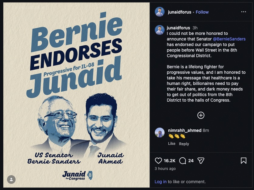 JacksonW8597's tweet photo. 🚨 Bernie’s endorsement just supercharged Junaid Ahmed’s campaign! 💥 With Elizabeth Warren’s backing too, Junaid’s locking in the progressive vote. 🔥 Only weeks left—this race is on fire! 🔥 https://t.co/VmtiWtszy7