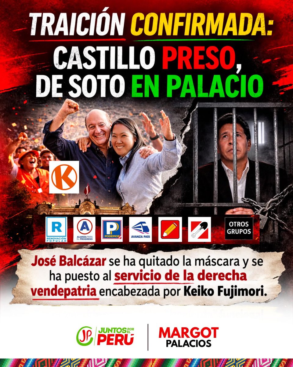 🚨TRAICIÓN CONFIRMADA: CASTILLO PRESO, DE SOTO EN PALACIO

José #Balcázar se ha quitado la máscara y se ha puesto al servicio de la derecha #vendepatria encabezada por #Keiko #Fujimori. Fue promovido por una falsa “izquierda” funcional y terminó siendo elegido por la alianza del