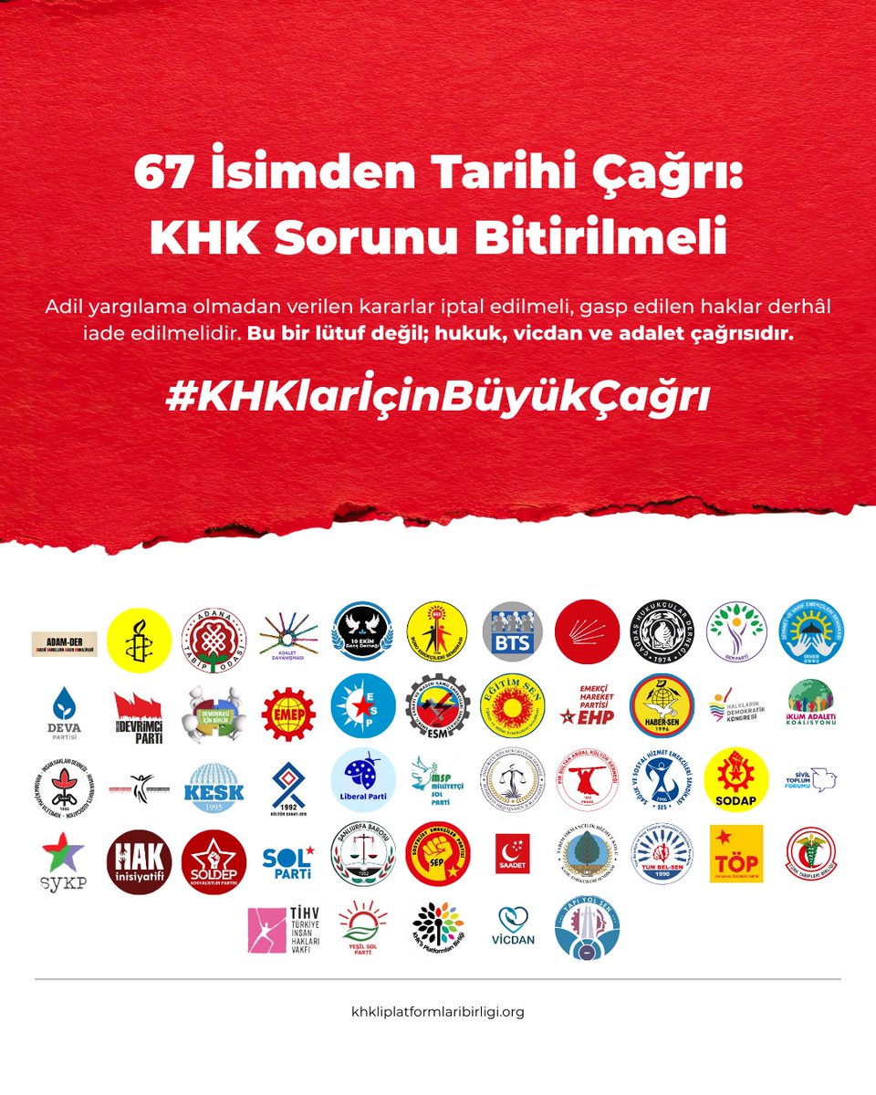 #KHKlarİçinBüyükÇağrı

Ohal KHK'ları tüm sonuçlarıyla iptal edilsin.Takipsizlik ve beraat alanlar ile hakkında hiçbir işlem yapılmayanlar derhal görevine iade edilsin.Ceza alanlar için adil,hızlı ve yeniden yargılama yapılsın.
<a href="/RTErdogan/">Recep Tayyip Erdoğan</a> 
<a href="/tcbestepe/">T.C. Cumhurbaşkanlığı</a> 
<a href="/dbdevletbahceli/">Devlet Bahçeli</a> 
<a href="/YildizFeti/">Feti Yıldız</a>