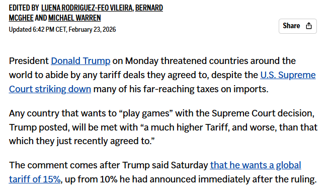 Het blijft bijzonder dat dit allemaal kan. #Trump zegt in feite gewoon: “Doe eens wat.” 😅

En de #EU lijkt ook direct bang....