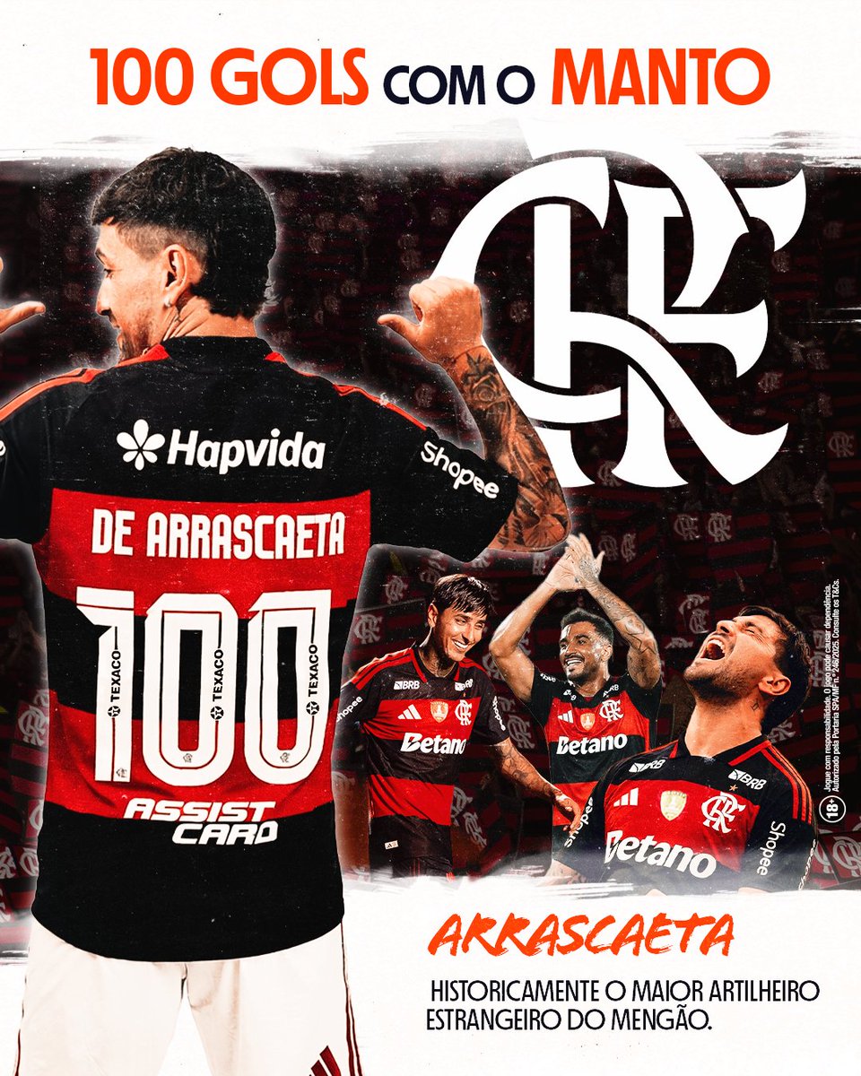 Craque, ídolo! 🔴⚫ Arrascaeta chega aos 100 gols com o Manto do Mengão e se consolida como o maior artilheiro estrangeiro do clube. ⚡️
#Confia #BetanoFla #NacaoConfia #ad