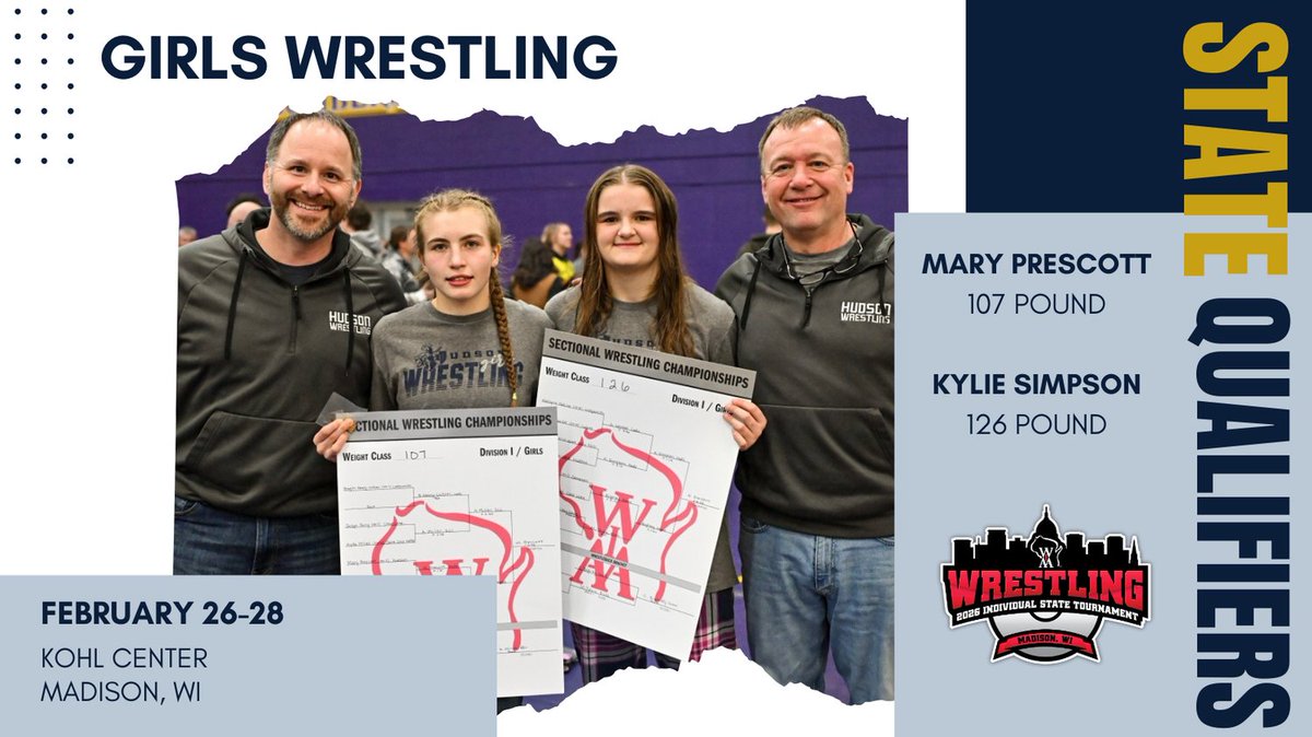 Congratulations to Kylie Simpson and Mary Prescott who qualified for the State Wrestling meet after securing Sectional Championships this past Friday! See full information here - wiaawi.org/Sports/Winter/…