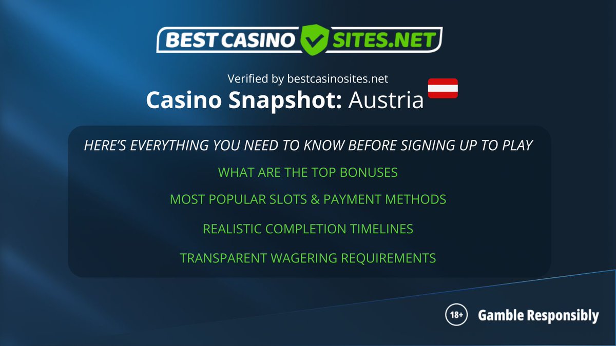 Casino Snapshot: Austria

Here’s everything Austrian players need to know before signing up to play🎰
✅Top bonuses 
✅Most popular slots &amp; payment methods 

📲Start here - bestcasinosites.net/austria/

#andorra #andorracasinos #bestcasinositesnet