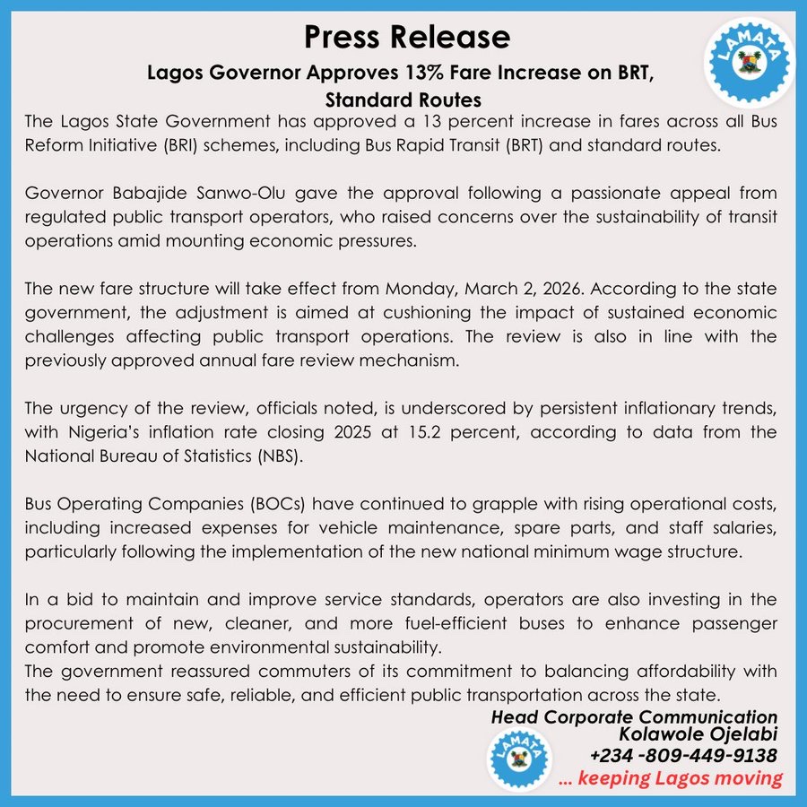 BREAKING: Lagos state Government Approves 13% Fare Increase on BRT, Standard Routes