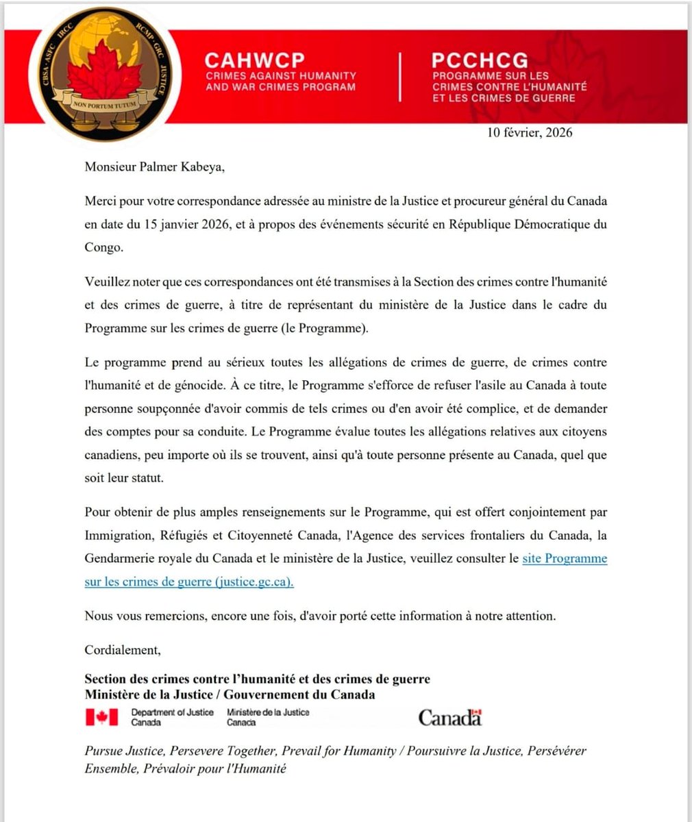 #Justice🇨🇦
Victoire ! Le Canada transfère le dossier Kabanga &amp; Bukasa (CNC) au service des crimes commis à l'étranger.
Plainte déposée le 15/01/2026 avec 50 familles victimes en #RDC. L'étau se resserre !
<a href="/CanadaRDC/">Canada en RDC</a> <a href="/StanysBujakera/">Stanis Bujakera Tshiamala</a> <a href="/wembi_steve/">Steve Wembi</a> <a href="/afrikarabia/">Christophe RIGAUD</a>